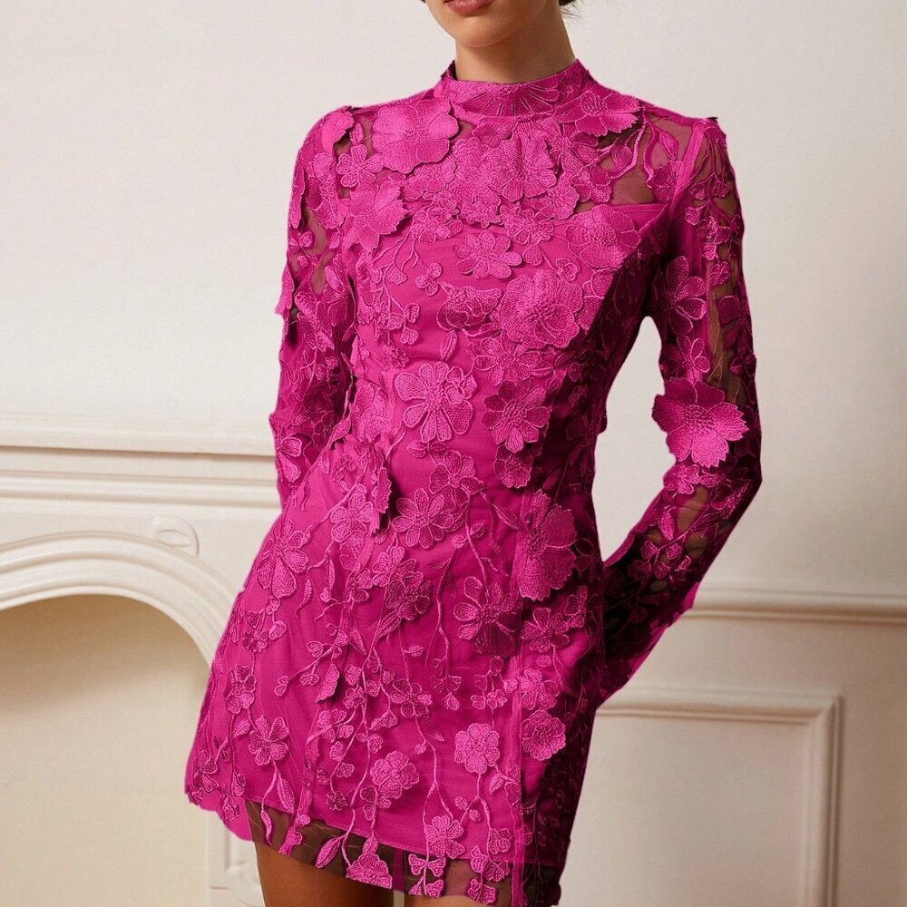 Hot Pink Elegant Women's Embroidery Floral Embroidered long sleeve Mesh dress - Picture 4 of 6